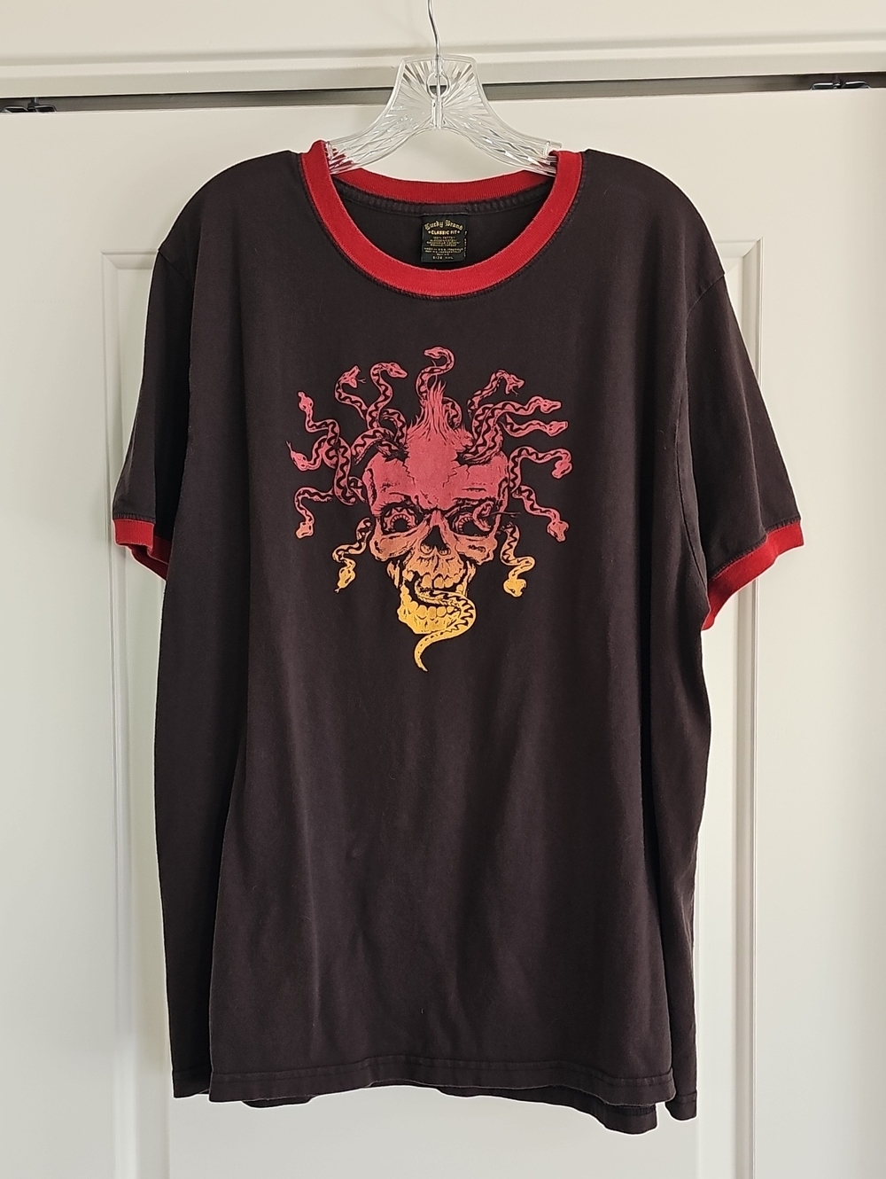 Cool Vintage LUCKY BRAND Medusa Skull Snakes Ringer Tee Shirt Sz XXL 48" Chest